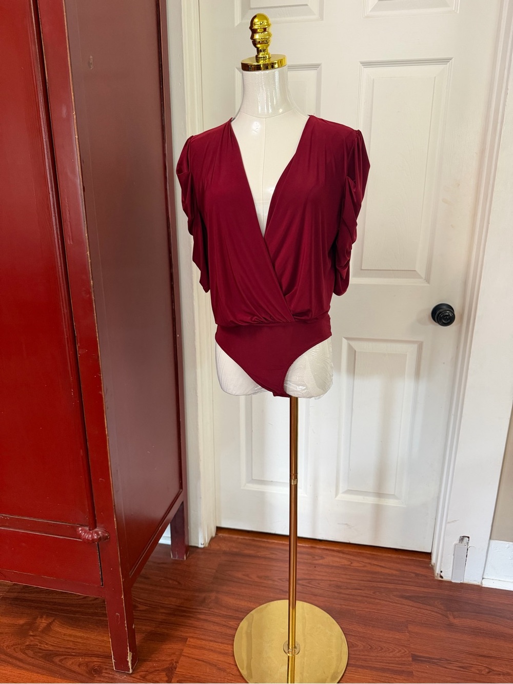 Draped V-Neck Bodysuit in Burgundy